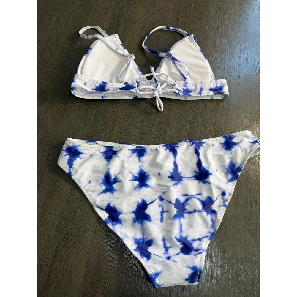 Cupshe Blue Tie-Dye Bikini Set‎ Adjustable Triangle Top & Cheeky Bottom  XL NEW